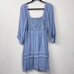 J. Gee Blue Lace Babydoll Dress Size L Petite PL Square Neck Tiered Smocked Boho
